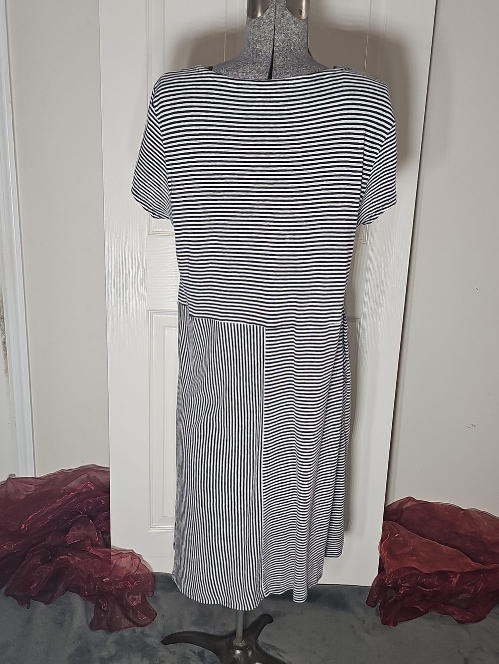 Eileen Fisher Black White Striped 100% Organic Linen Midi Dress Pockets Size L - Picture 2 of 8